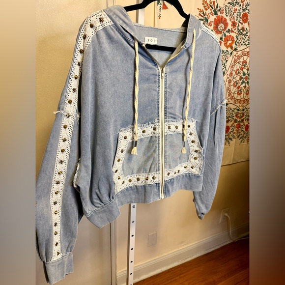 NEW POL Denim Studded Balloon Sleeve Hoodie Shacket - Picture 4 of 9